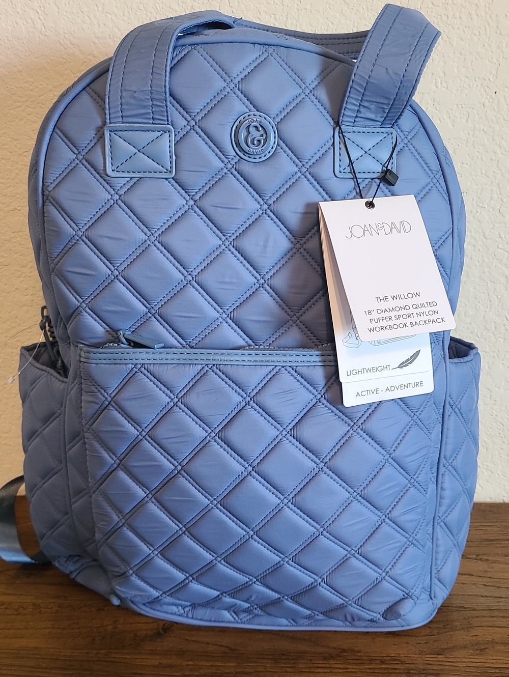 Joan & David Quilted Nylon Backpack — Light Blue